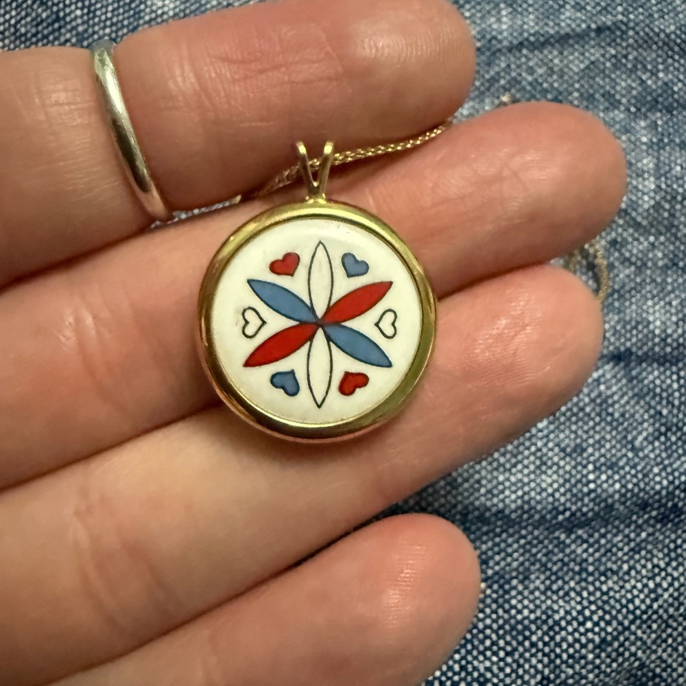Gold and Ceramic Amish Necklace with Red and Blue Enamel Design
